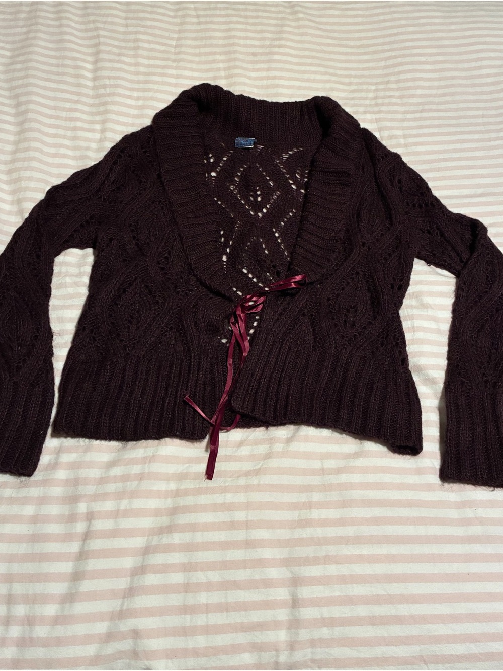 Plum Cable-Knit Shawl Cardigan with Ribbon Tie